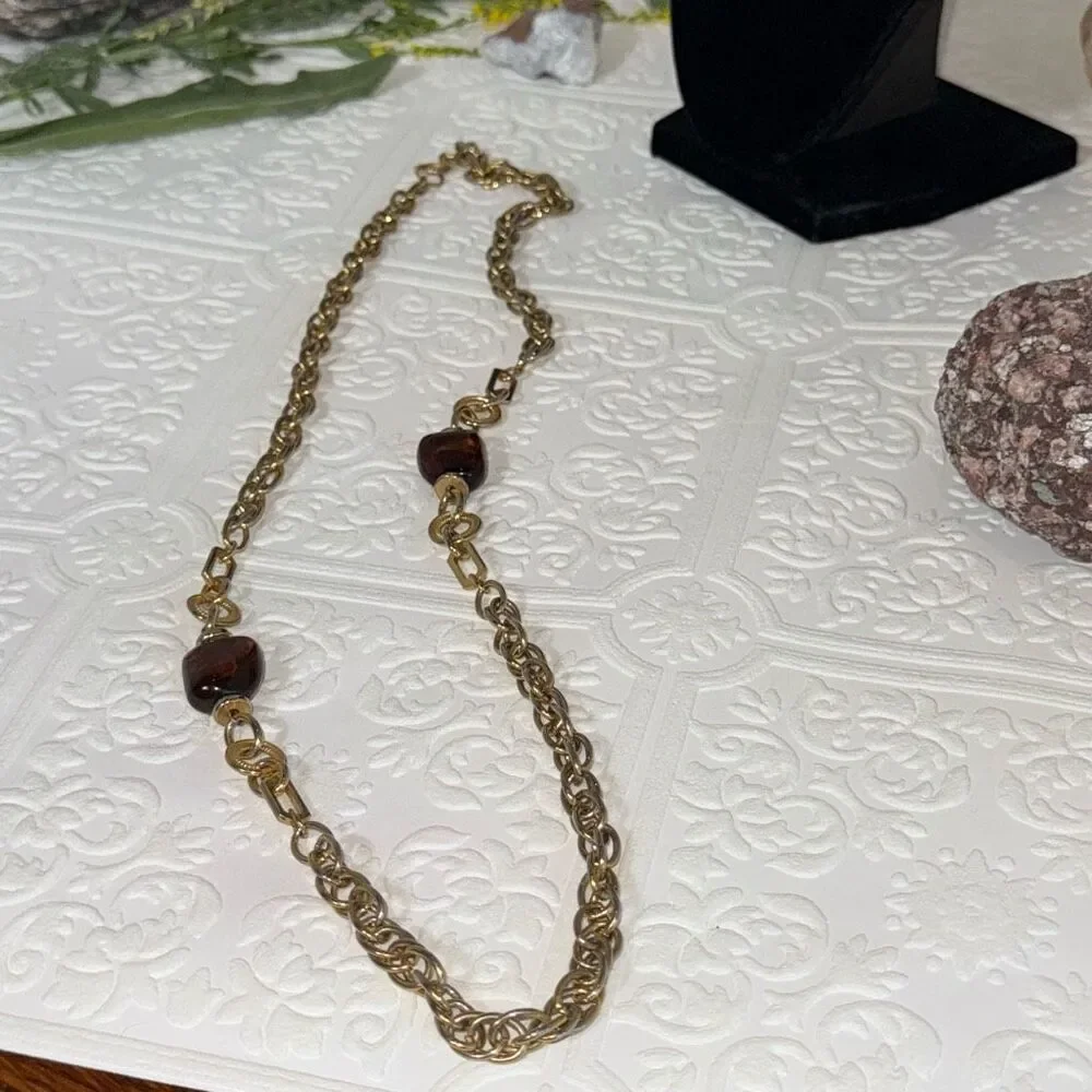 Vintage Gold Tone Long Chunky Chain Necklace With‎ Faux Amber Beads 30”